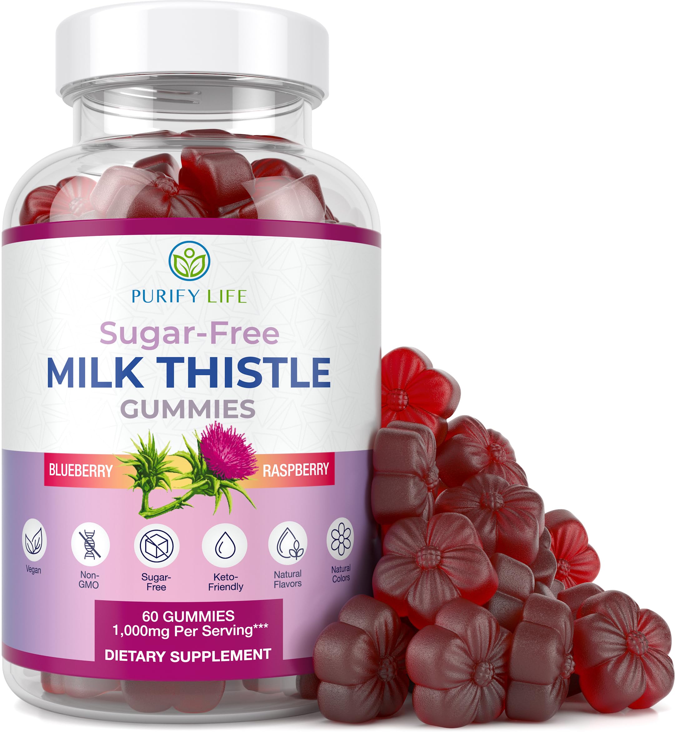 Purify Life milk thistle gummies bottle front showing sugar-free formulation