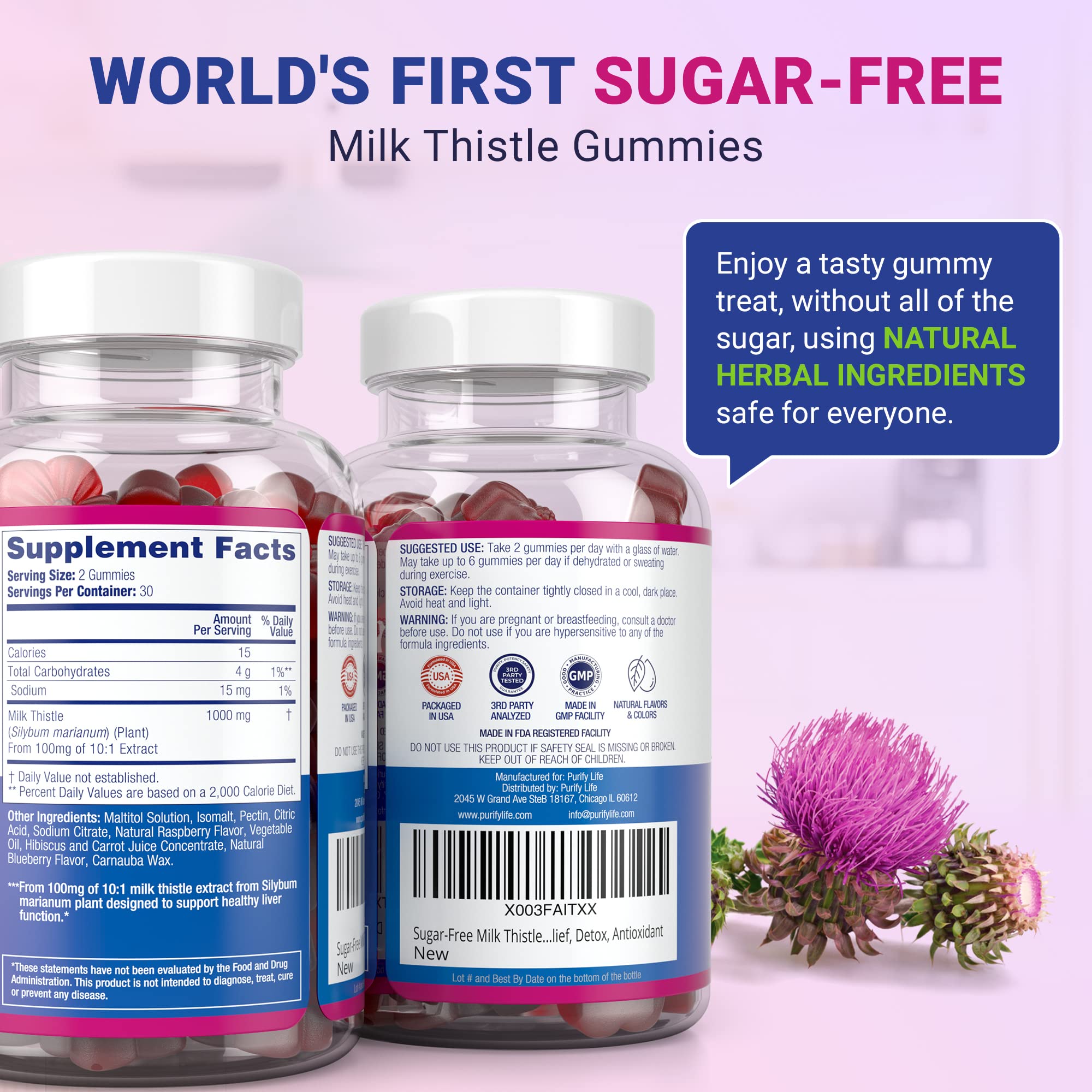 Purify Life milk thistle gummies packaging label and flavor notes