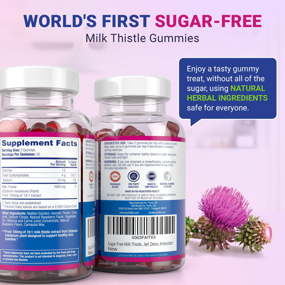 Purify Life milk thistle gummies packaging label and flavor notes