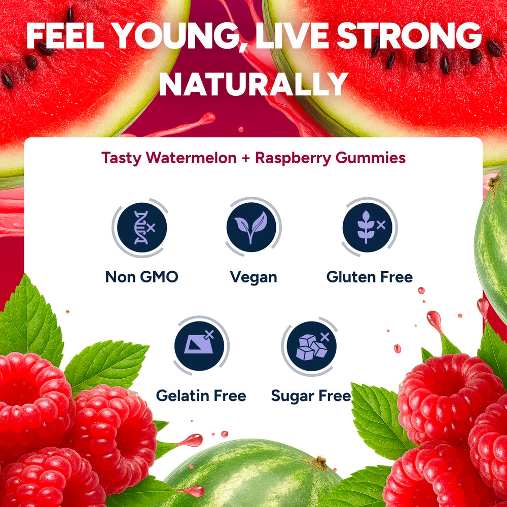 Purify Life Resveratrol Gummies with watermelon and raspberry flavors for a tasty wellness routine.