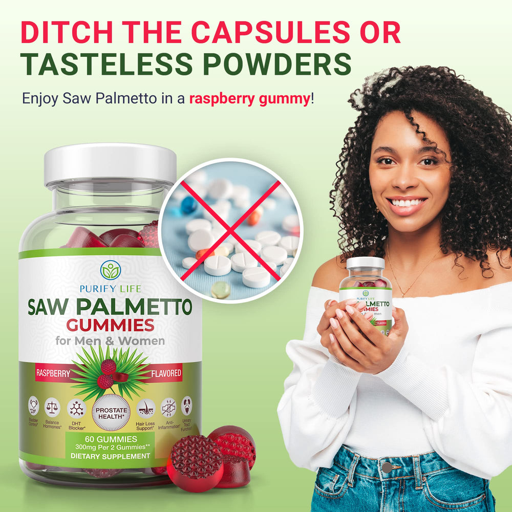 Purify Life Saw Palmetto gummies scene illustrating daily use for hair health.