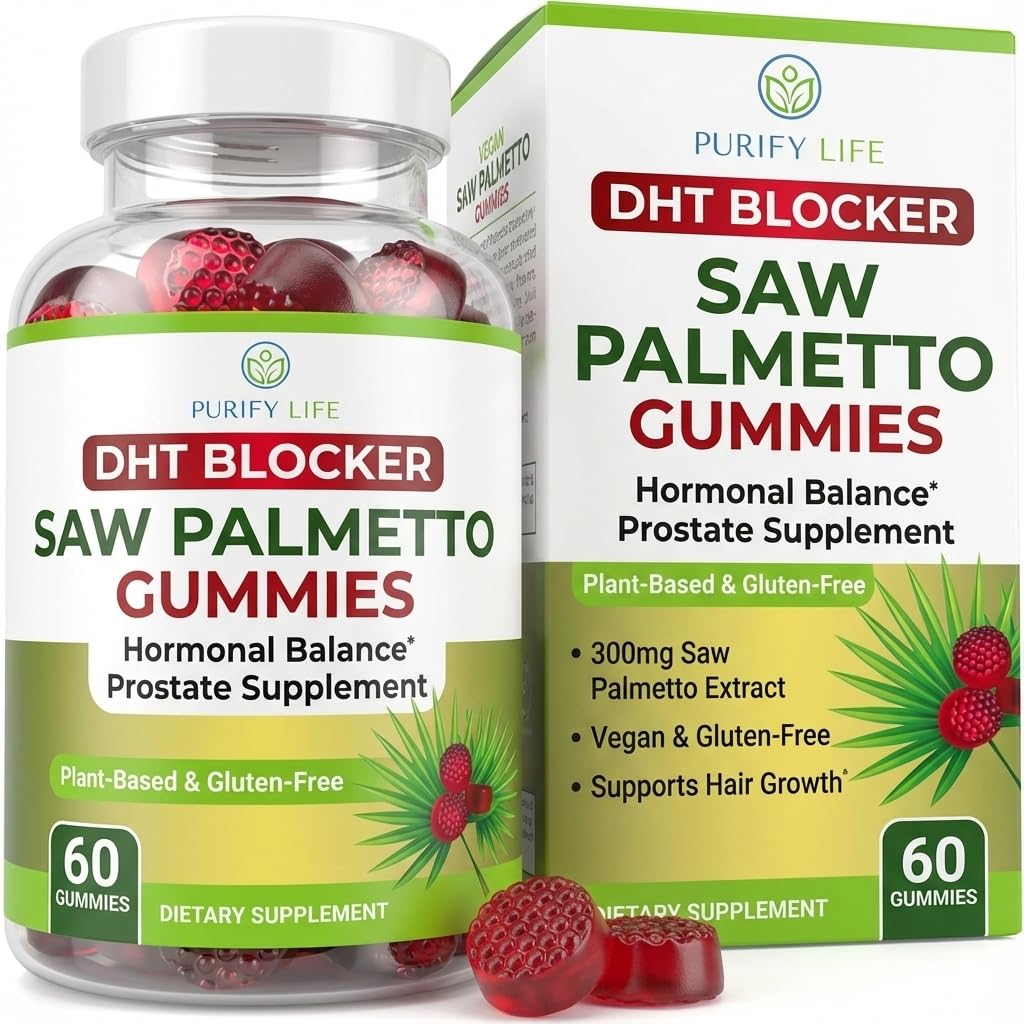 Purify Life Saw Palmetto gummies bottle for hair and prostate support.