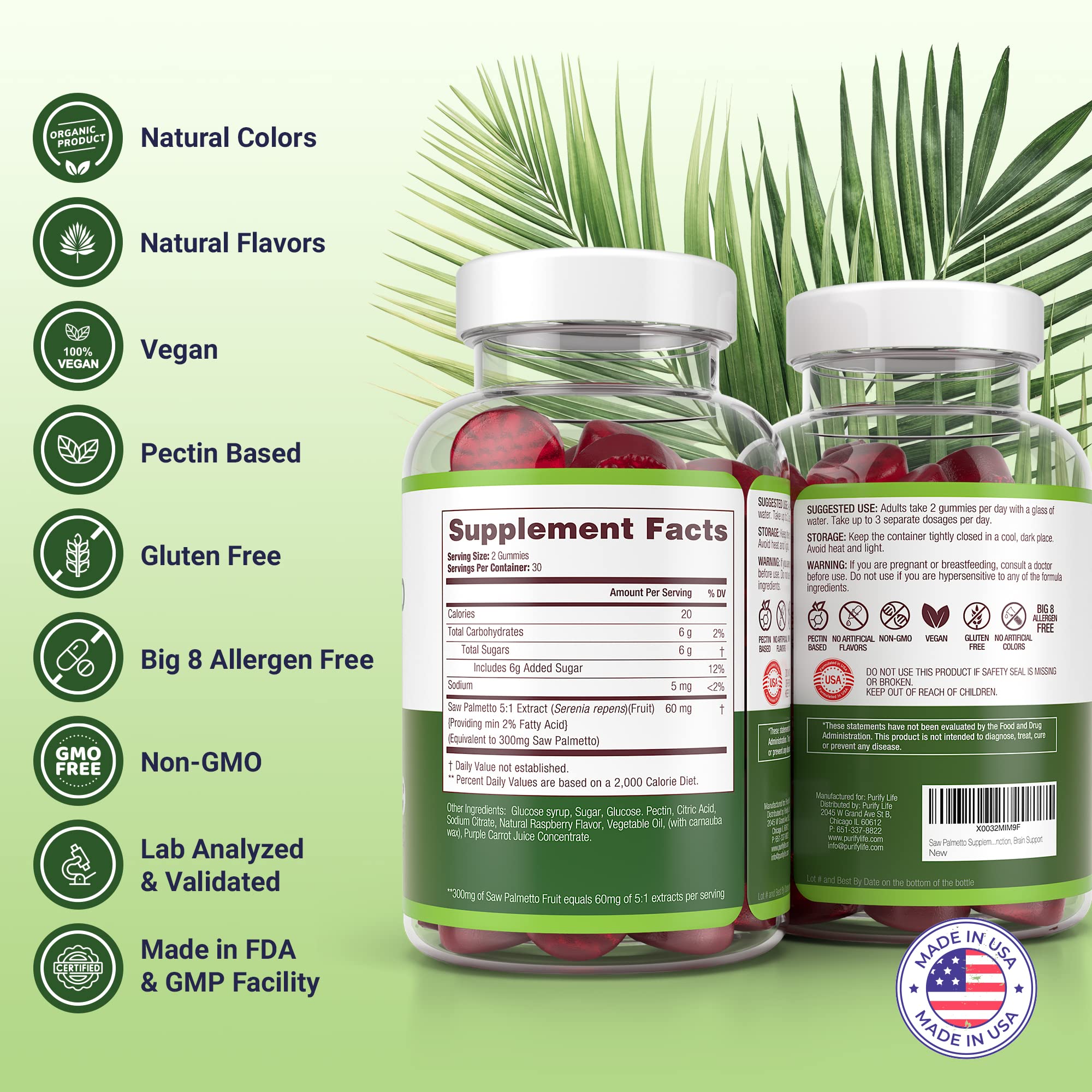 Purify Life Saw Palmetto label highlighting gluten-free gummy supplement.