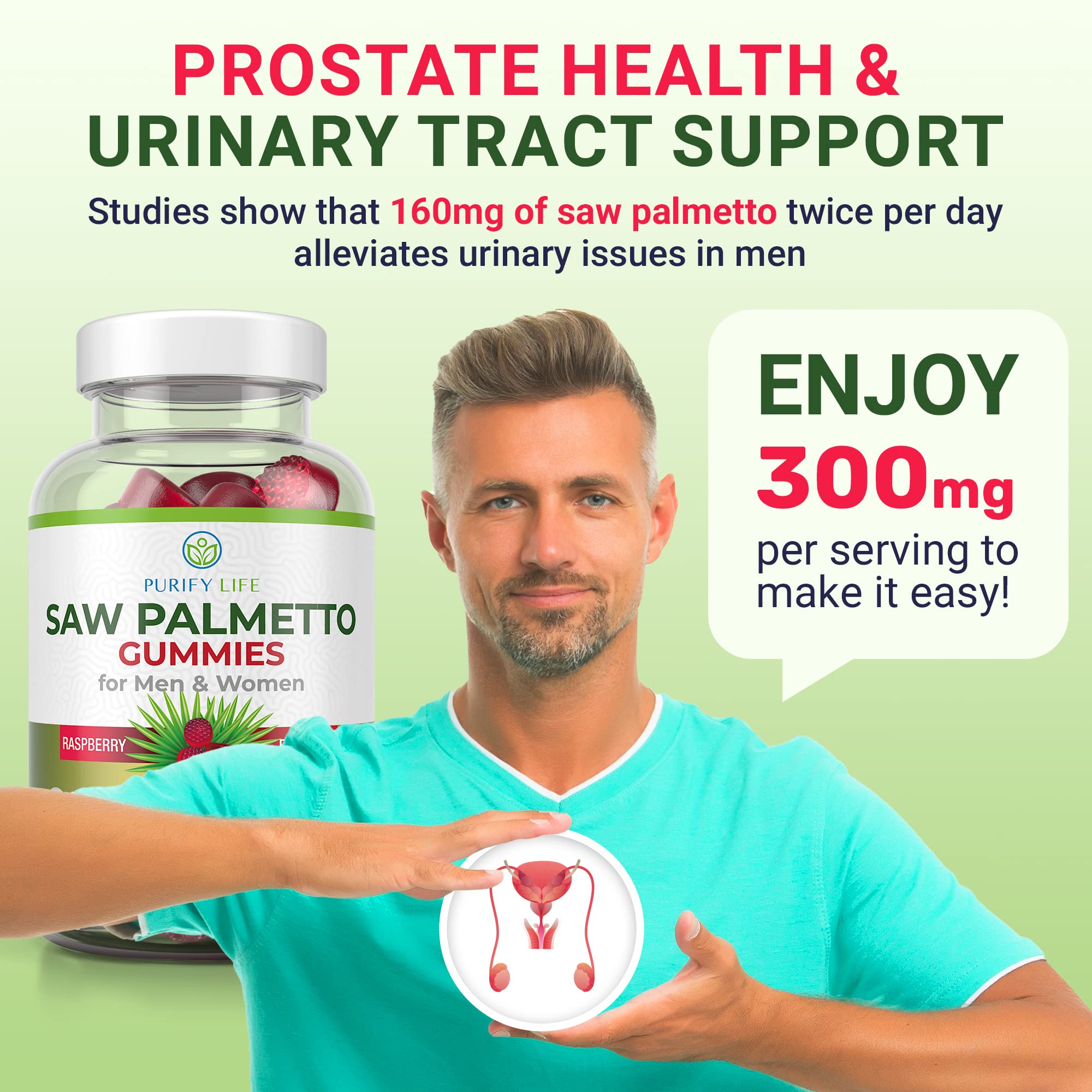 Purify Life Saw Palmetto pack multi-bottle display for ongoing support.