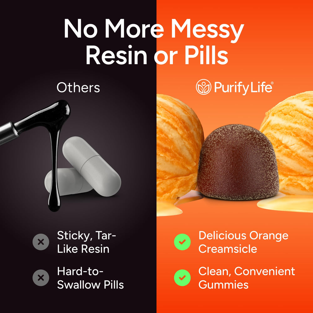 Purify Life Shilajit gummies closeup shows chewy texture and natural flavor.