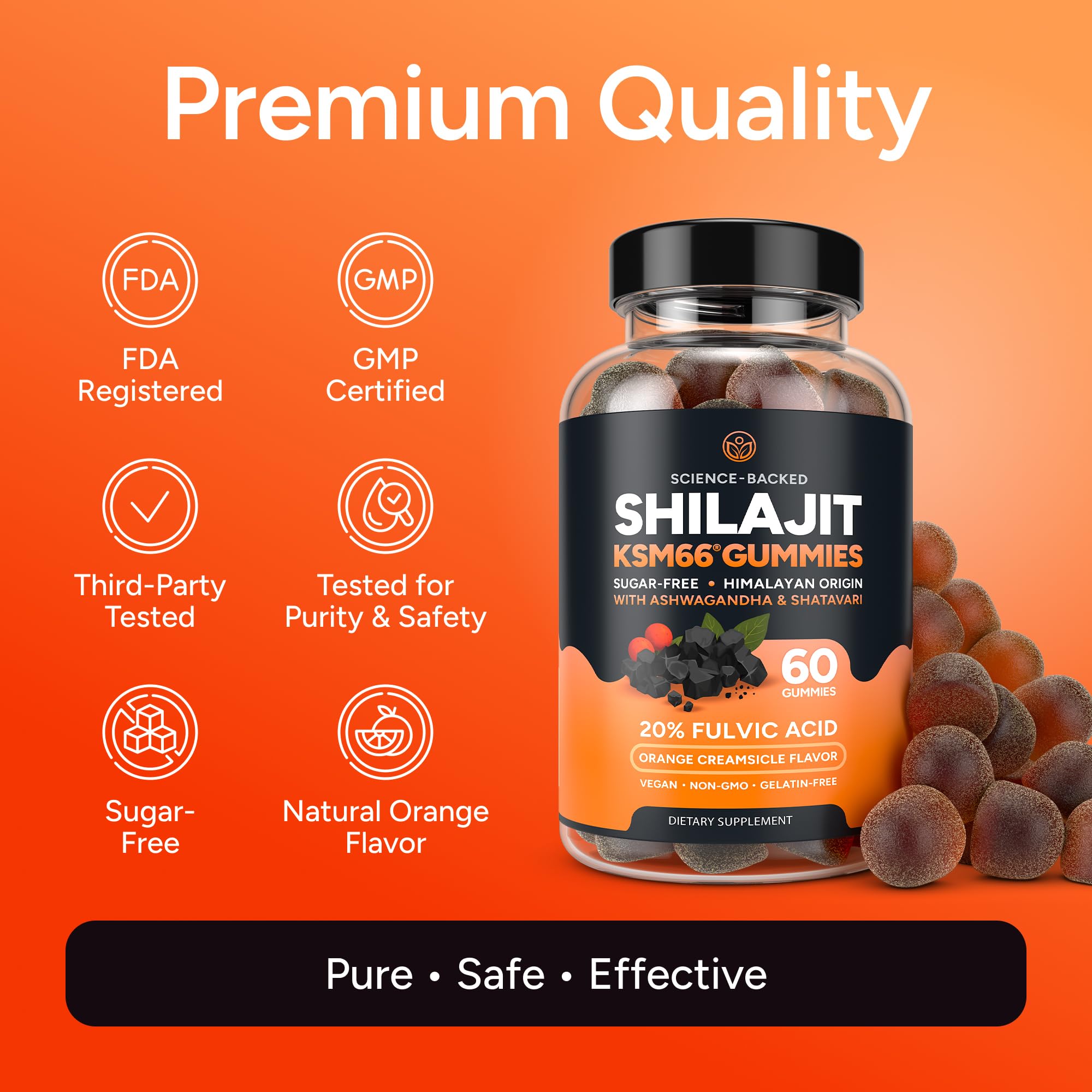 Purify Life Shilajit gummies vegan, non-GMO, sugar-free formulation.