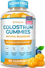 Purify Life sugar-free colostrum gummies bottle on a clean surface for daily wellness.