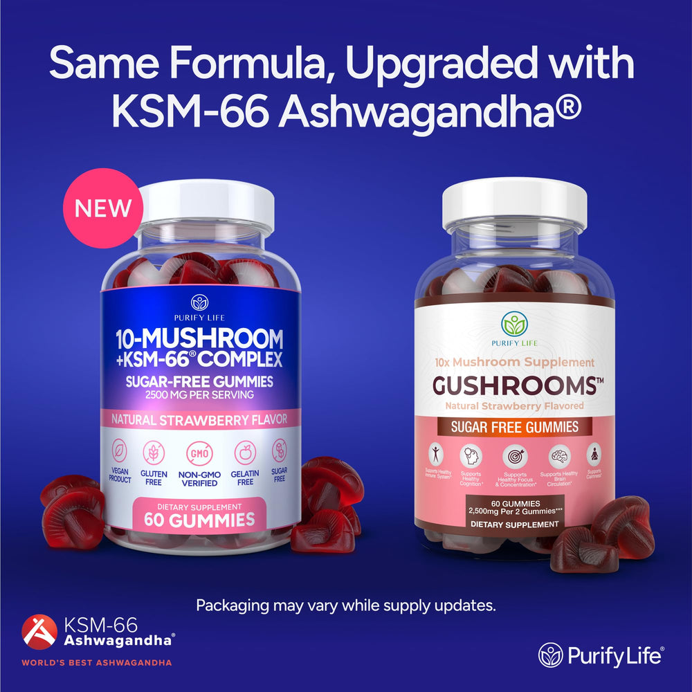 Purify Life Sugar-Free Mushroom Gummies bottle shot highlighting convenience.