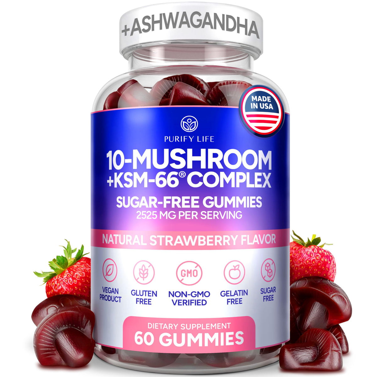 Purify Life Sugar-Free Mushroom Gummies front view for daily wellness.