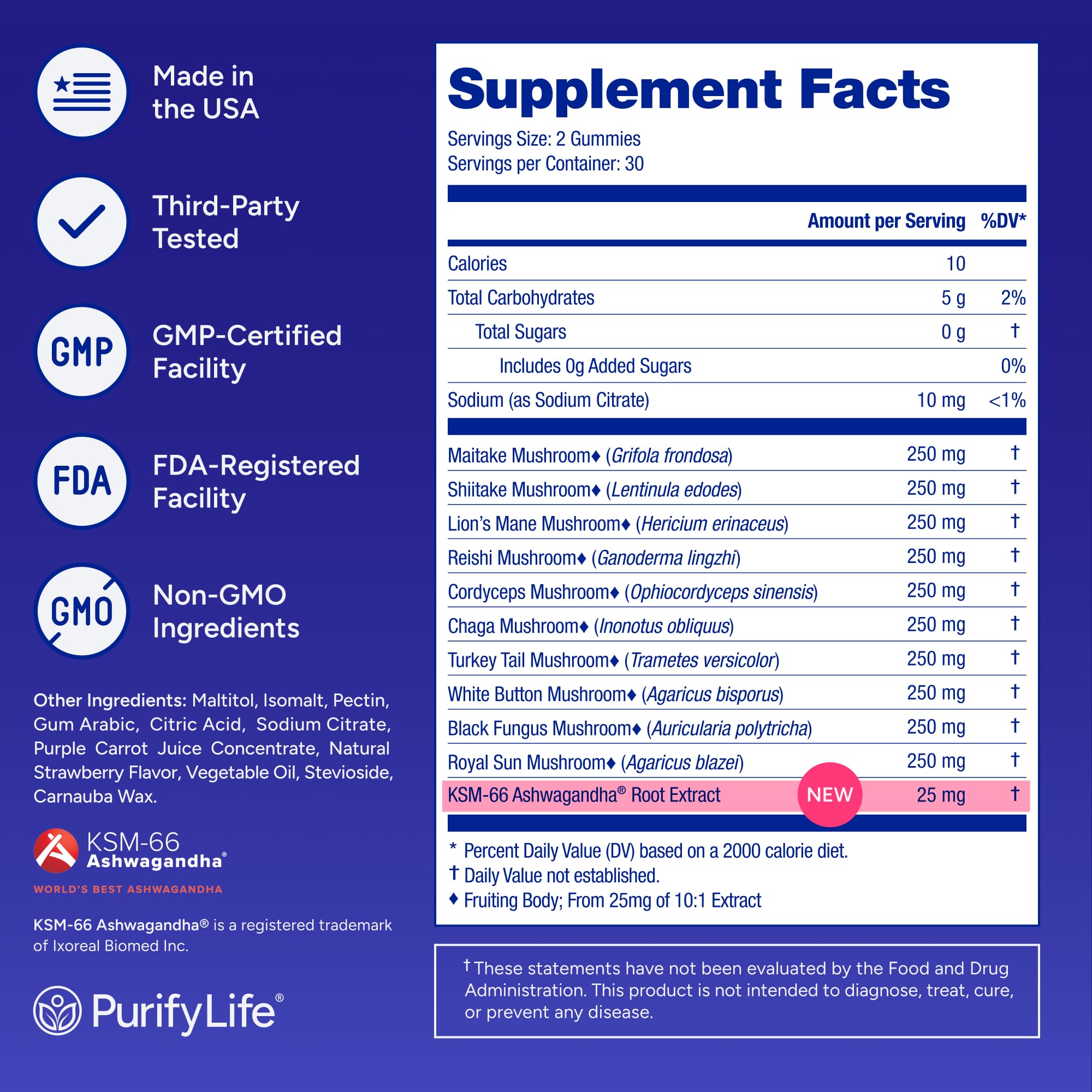 Purify Life Sugar-Free Mushroom Gummies Reishi and Cordyceps detail for stress balance.