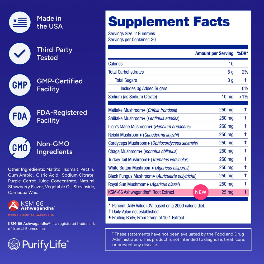 Purify Life Sugar-Free Mushroom Gummies Reishi and Cordyceps detail for stress balance.
