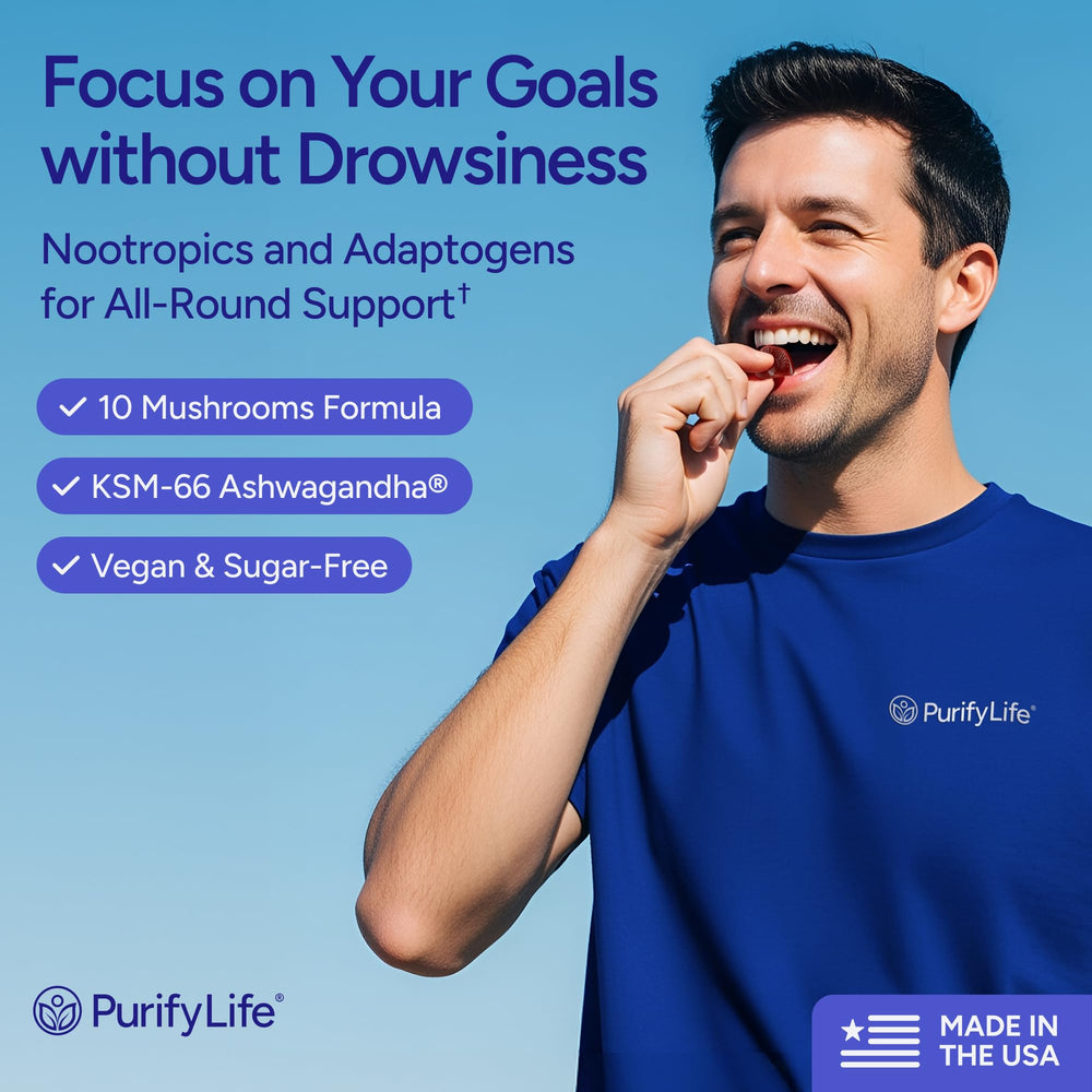 Purify Life Sugar-Free Mushroom Gummies strawberry flavor on tray.
