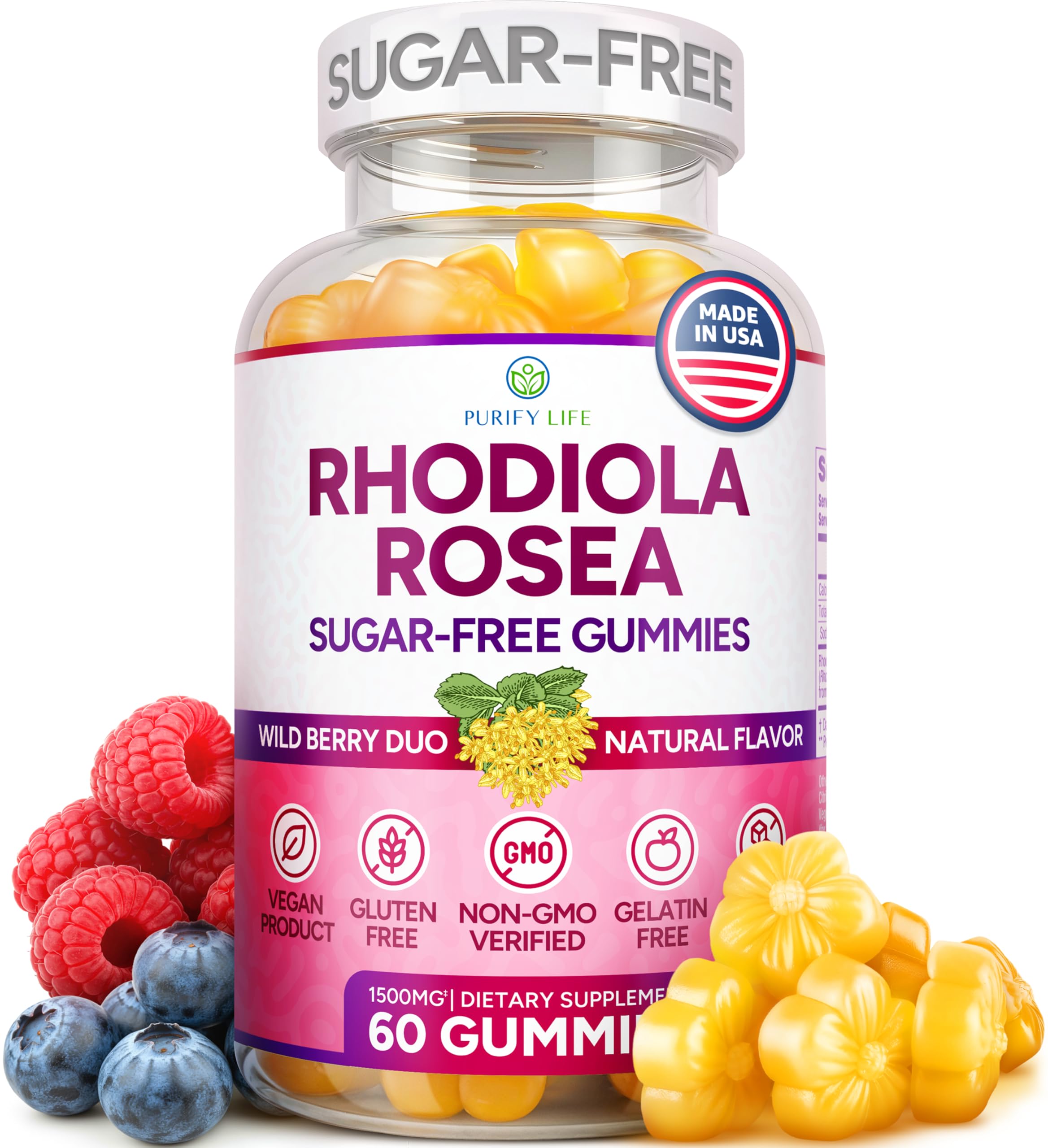 Purify Life Sugar-Free Rhodiola Gummies bottle with soft chews for daily energy