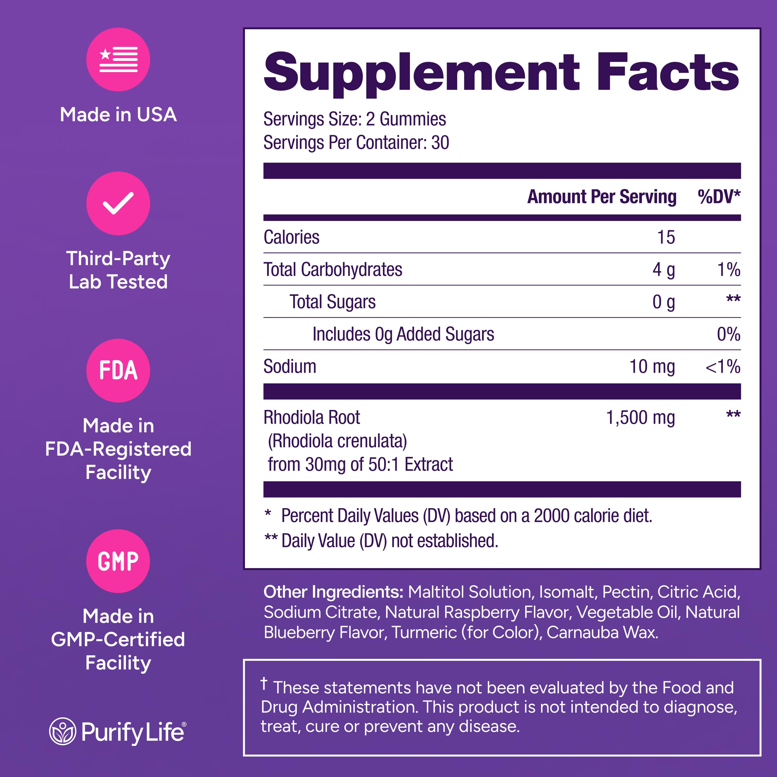 Ingredient panel of Purify Life Rhodiola Gummies highlighting non-GMO formula