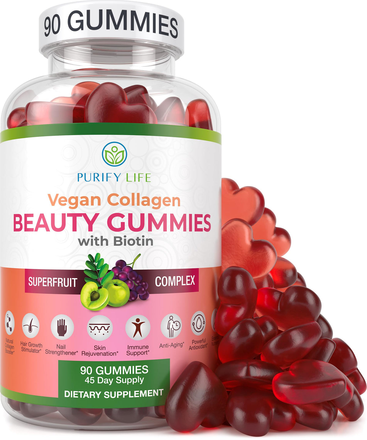 Purify Life vegan collagen gummies bottle promotes radiant skin.