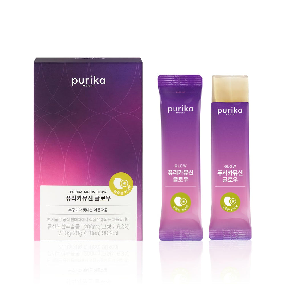 Purika Mucin Glow bottle front showing kiwi-flavored jelly sticks for daily skin hydration.