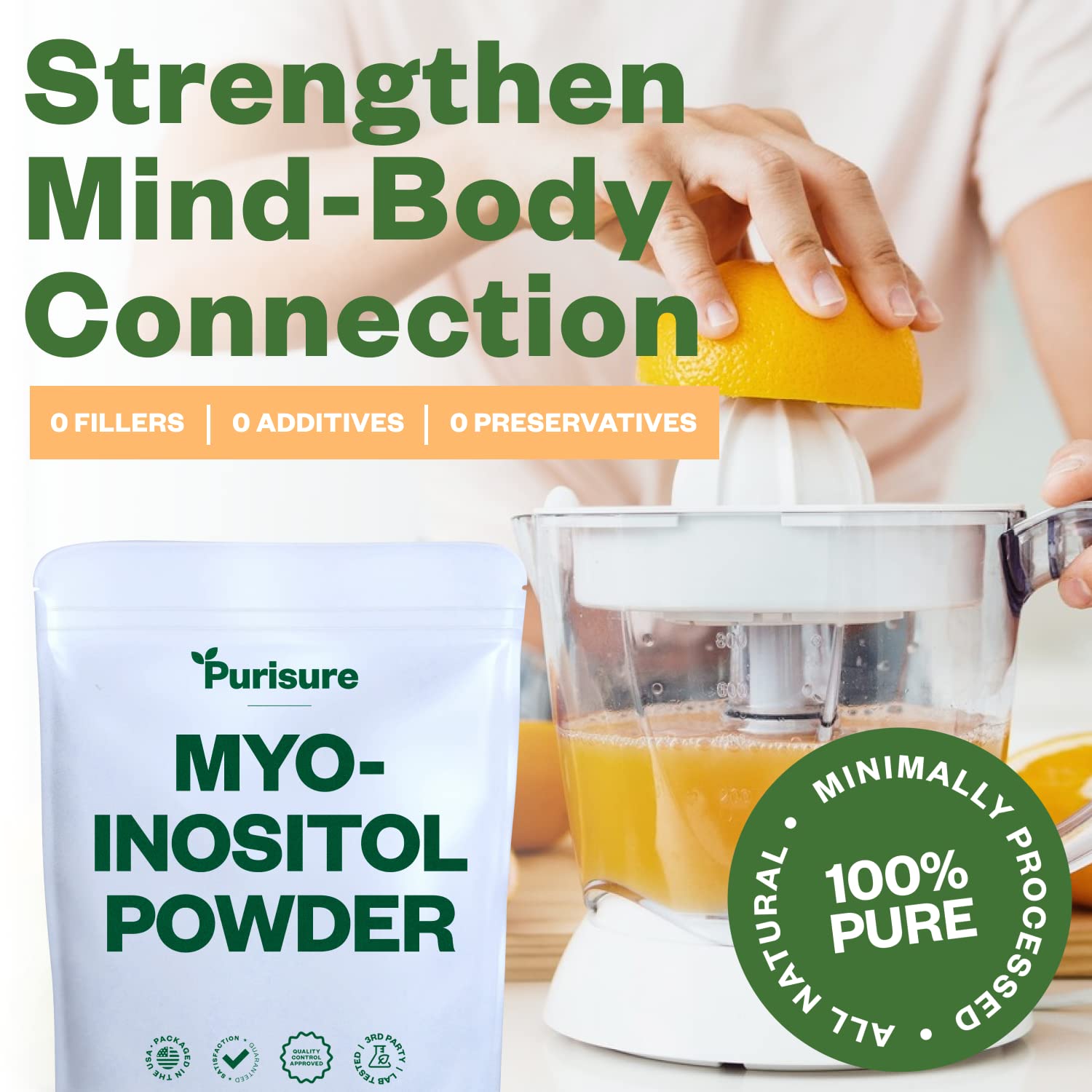 Purisure Inositol Powder label close-up highlighting vegan and non-GMO claims.
