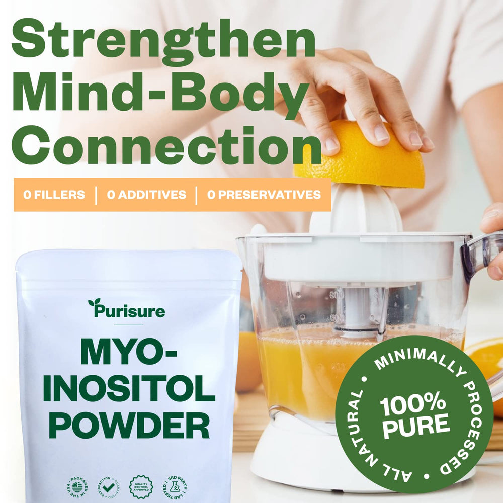 Purisure Inositol Powder label close-up highlighting vegan and non-GMO claims.