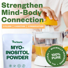 Purisure Inositol Powder label close-up highlighting vegan and non-GMO claims.