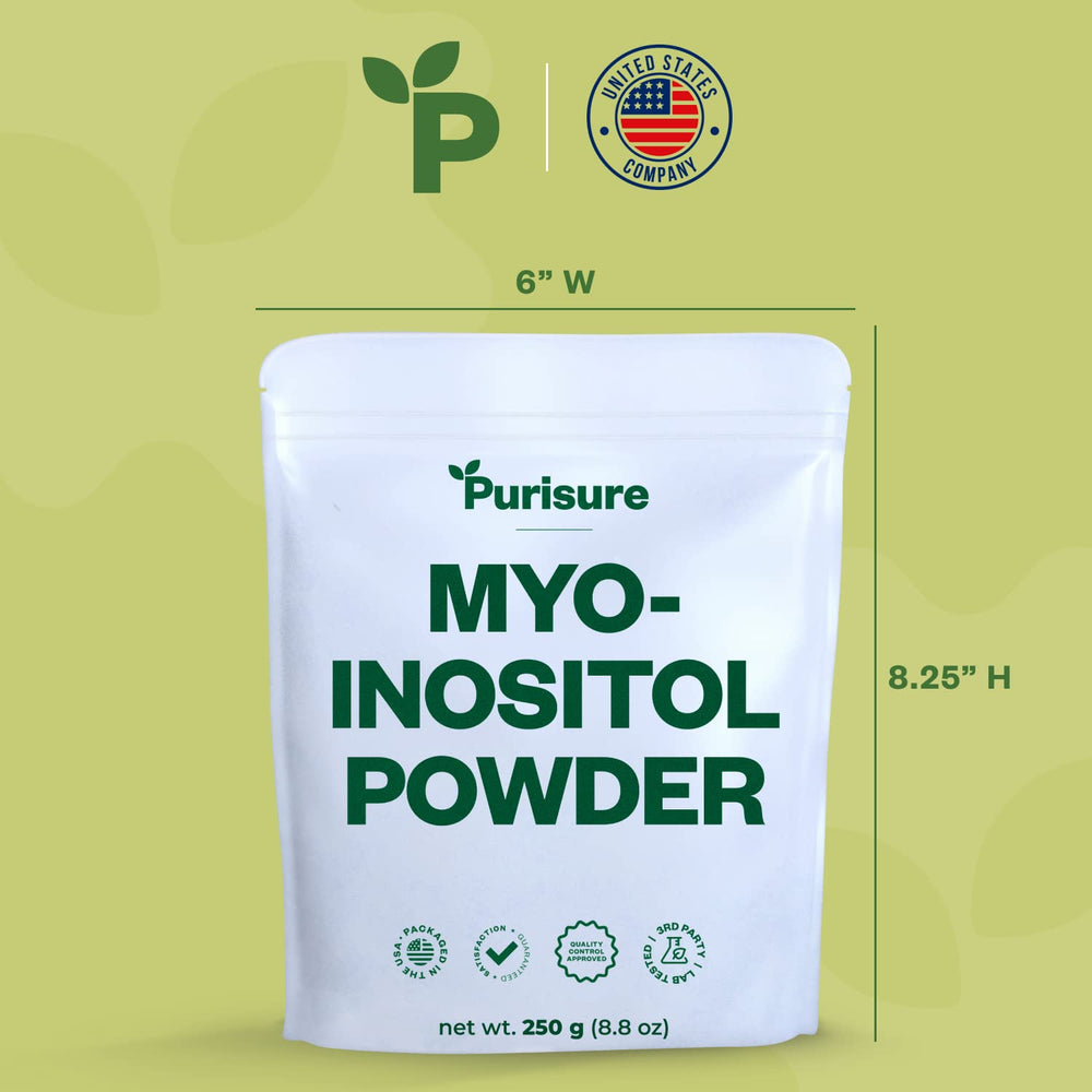 Purisure Inositol Powder measuring spoon beside the jar.