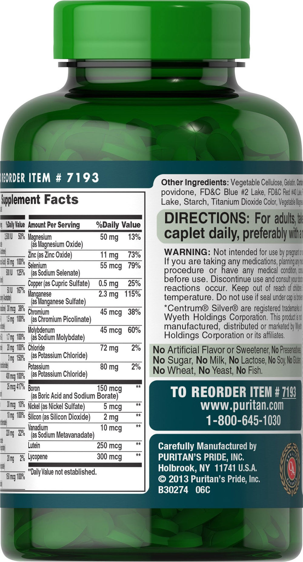 Puritan's Pride ABC Plus bottle back shows ingredients for older adults