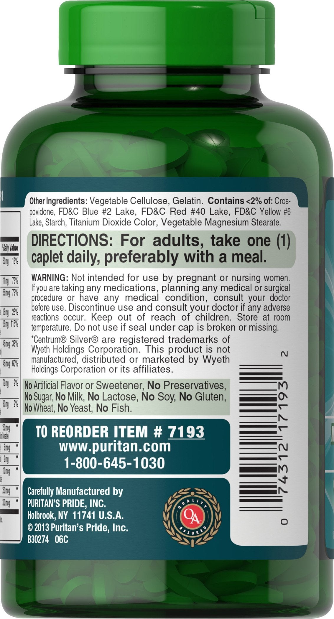 Puritan's Pride ABC Plus label closeup emphasizes no artificial additives