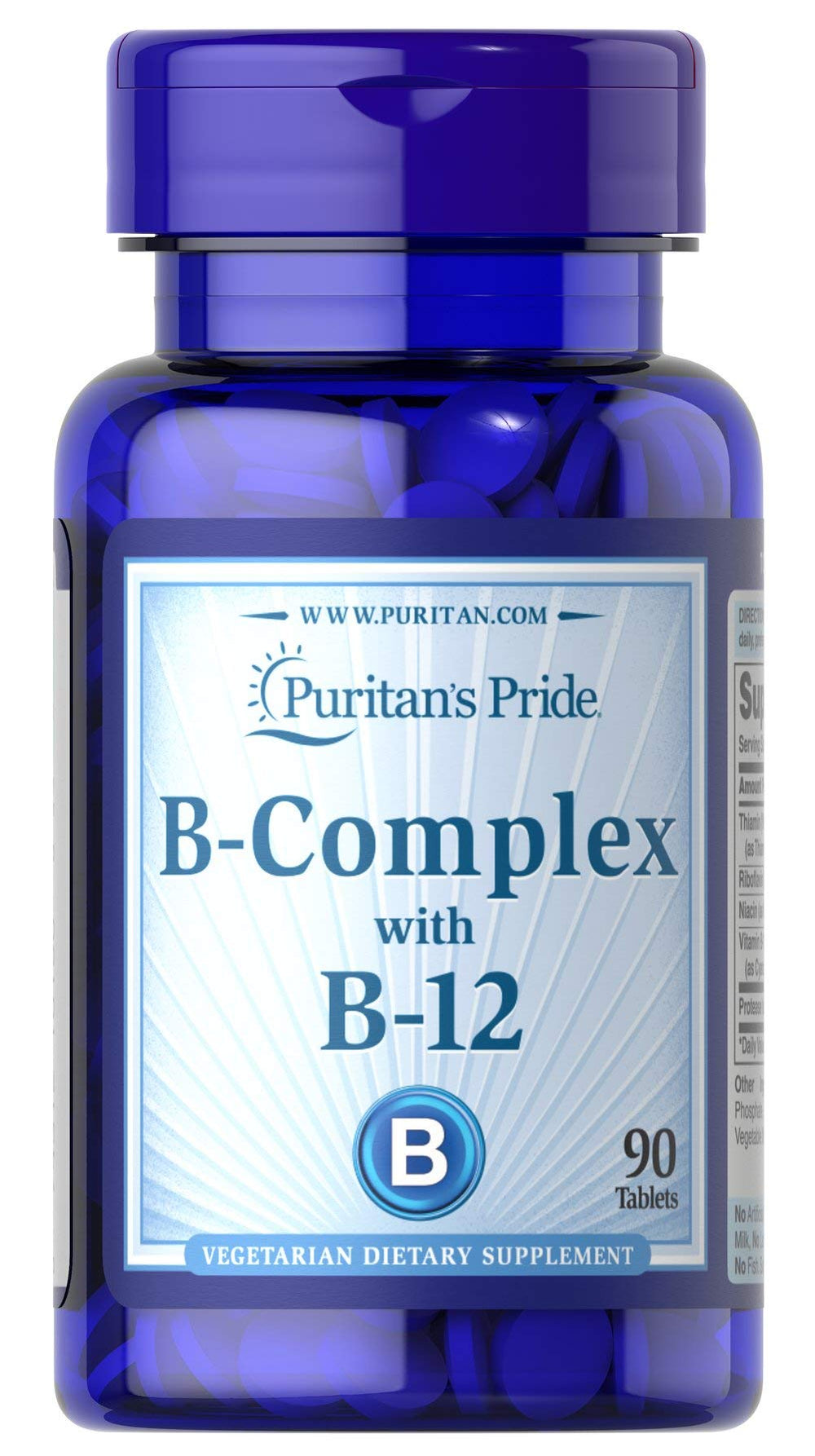 Puritan's Pride B-Complex B-12 tablets in bottle front for everyday wellness