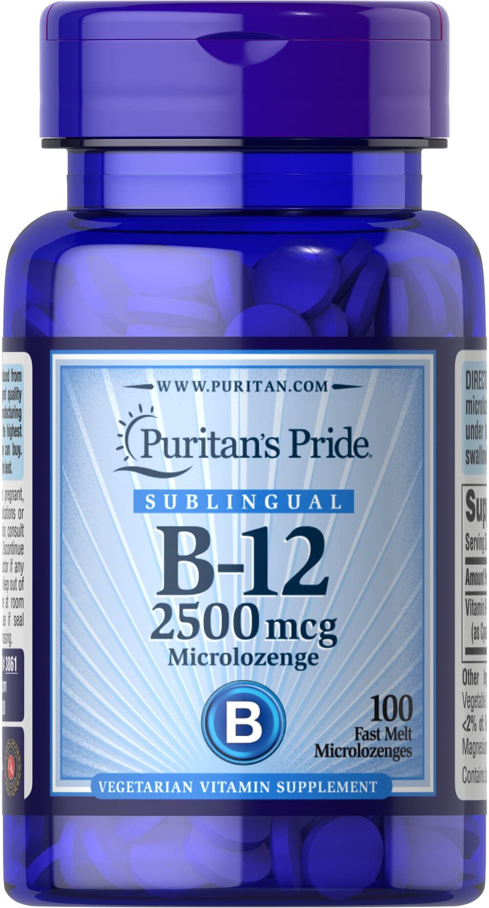 Puritan's Pride B-12 microlozenges 2500 mcg pack for daily energy support.