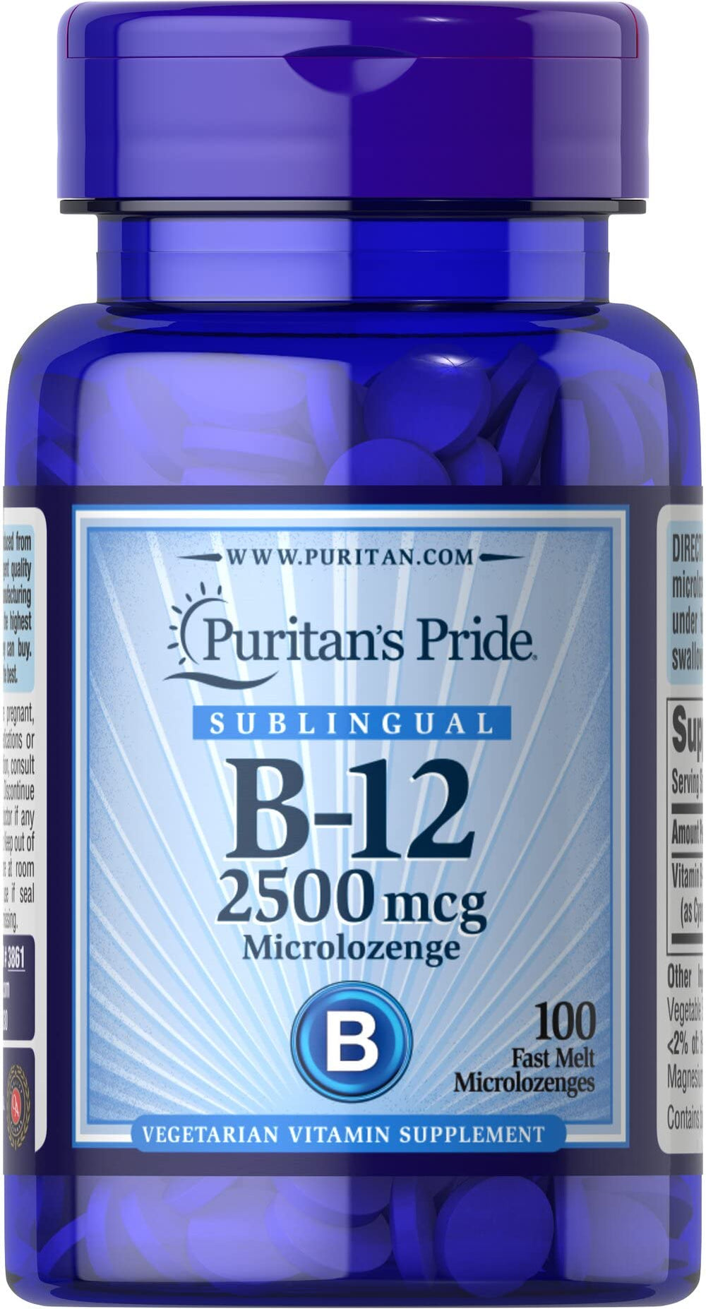 Puritan's Pride B-12 microlozenges 2500 mcg pack for daily energy support.