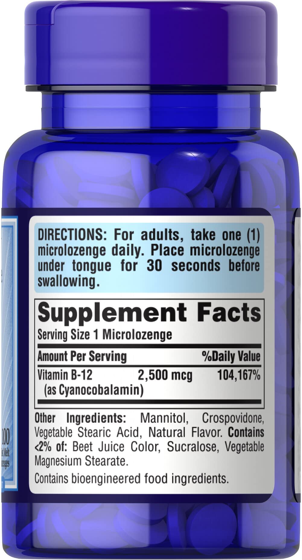 Puritan's Pride B-12 microlozenges on shelf emphasizing gluten-free and lactose-free claim.