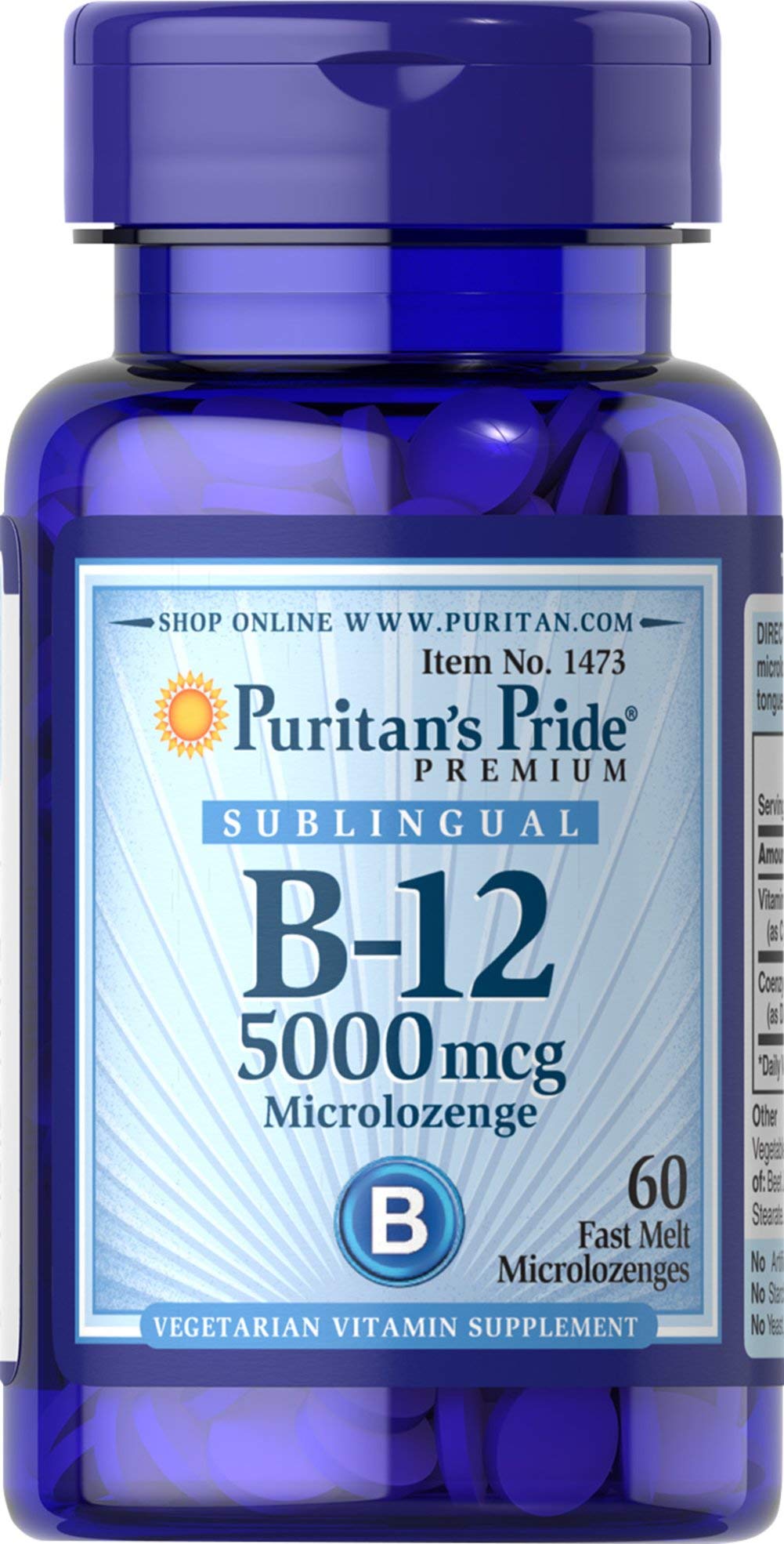 Puritan's Pride B12 microlozenges pack for daily energy support under the tongue.