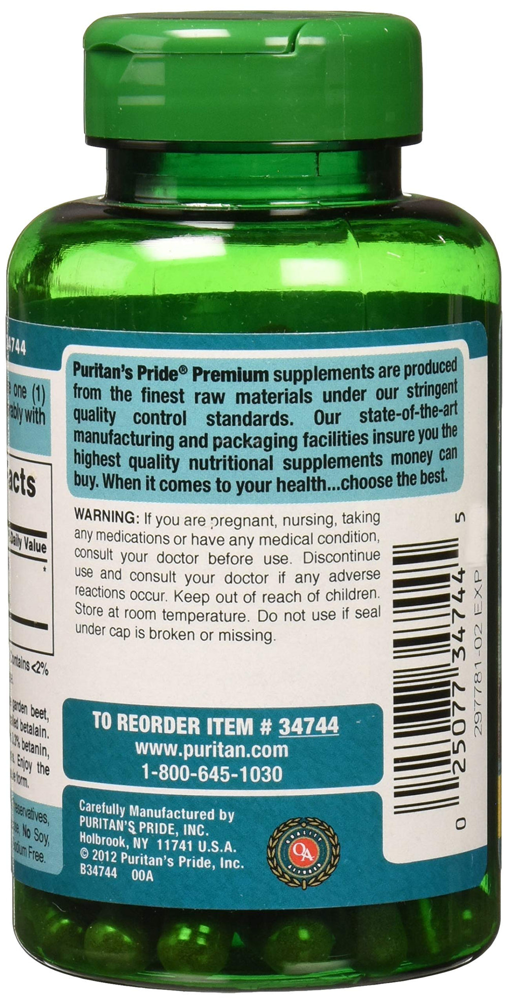 Puritan's Pride Beet Root Extract label with 500 mg and 90 capsules.