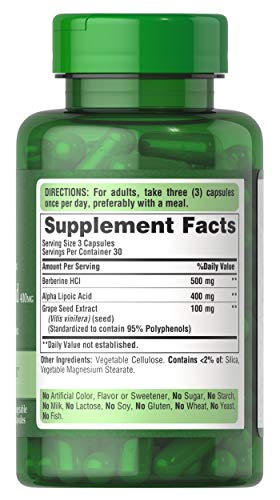 Puritan's Pride Berberine Alpha Lipoic Acid Grape Seed capsules shown for a monthly wellness routine.