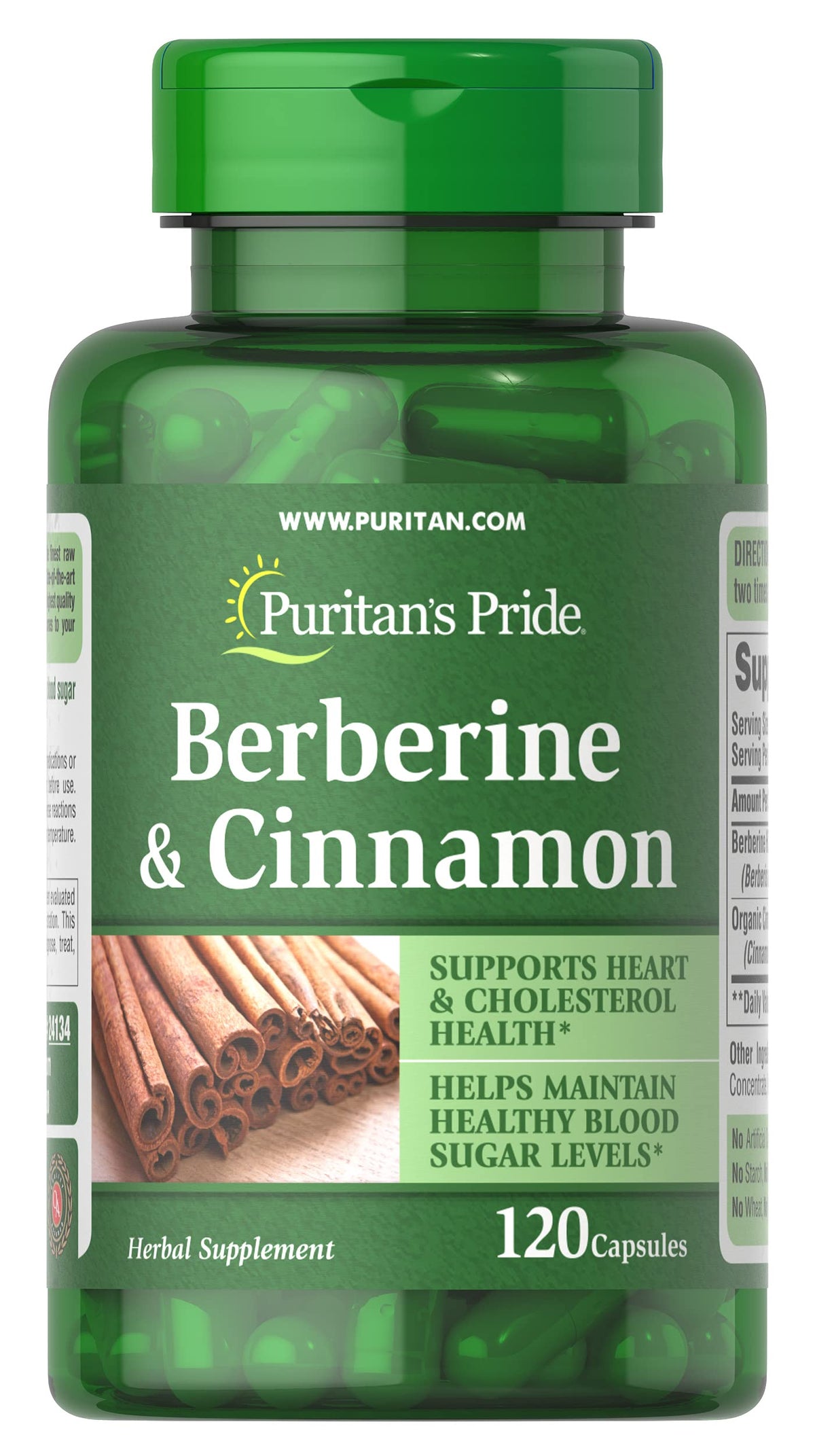 Puritan's Pride Berberine Cinnamon capsules bottle for daily heart and sugar support