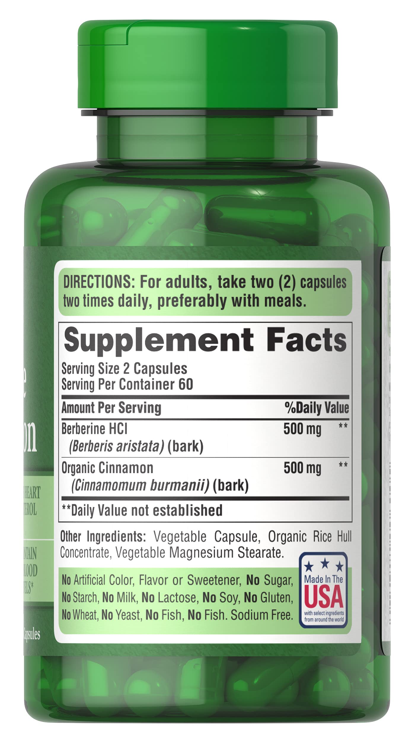 Puritan's Pride Berberine Cinnamon pack shot shows 60-day capsule supply