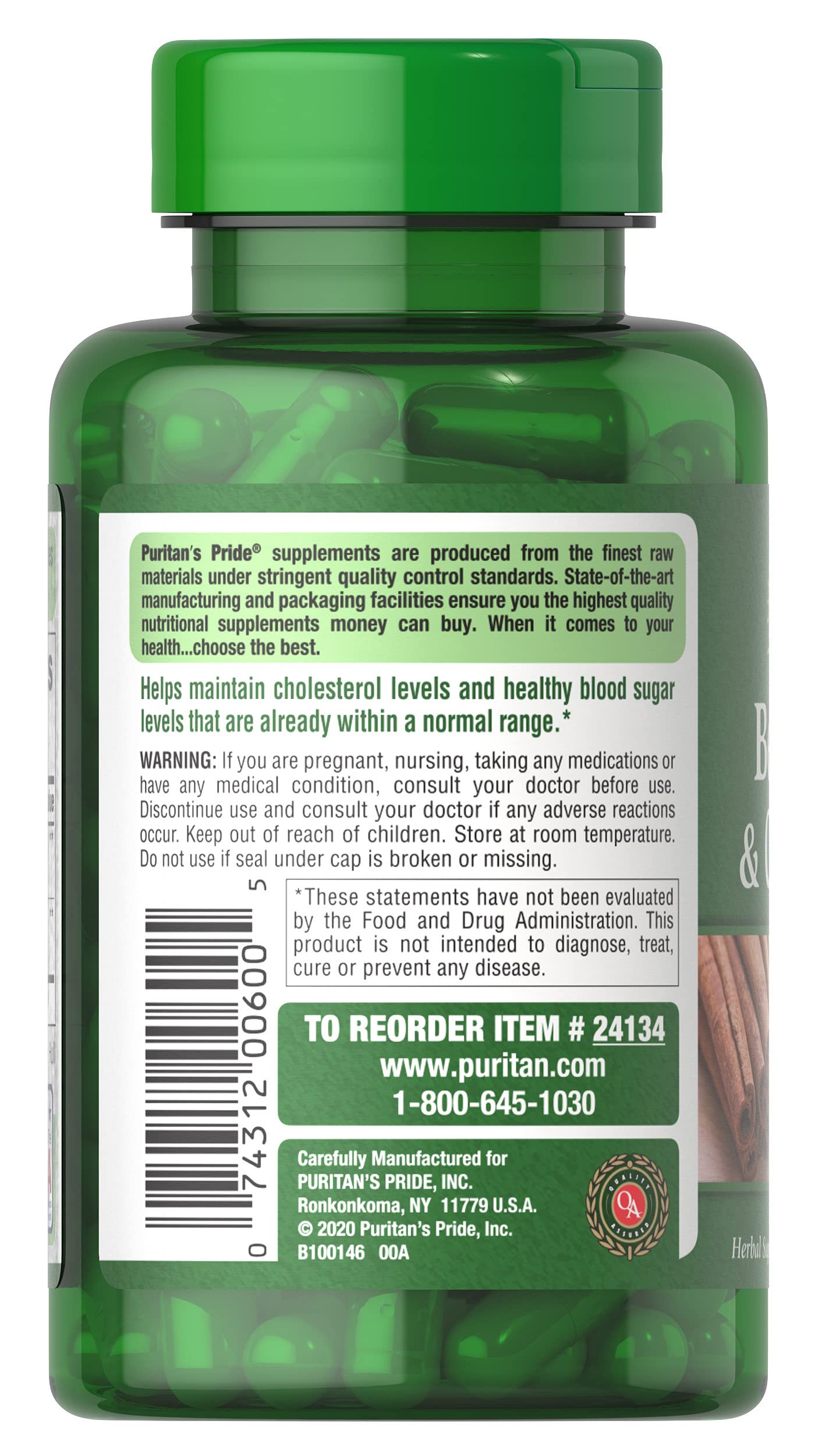 Puritan's Pride Berberine Cinnamon label closeup highlighting natural ingredients