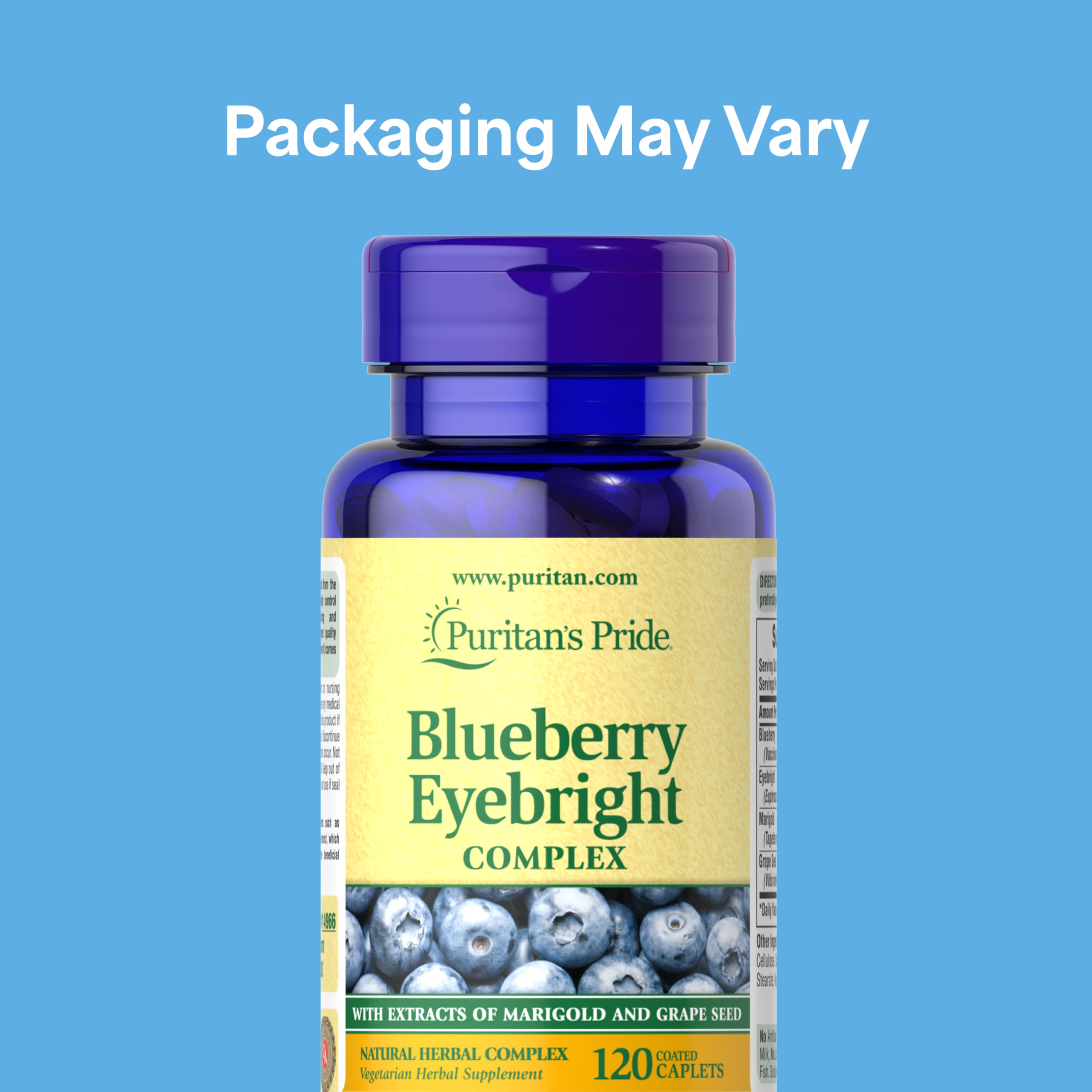 Puritan's Pride Blueberry Eyebright Complex capsules closeup highlighting easy-swallow coating