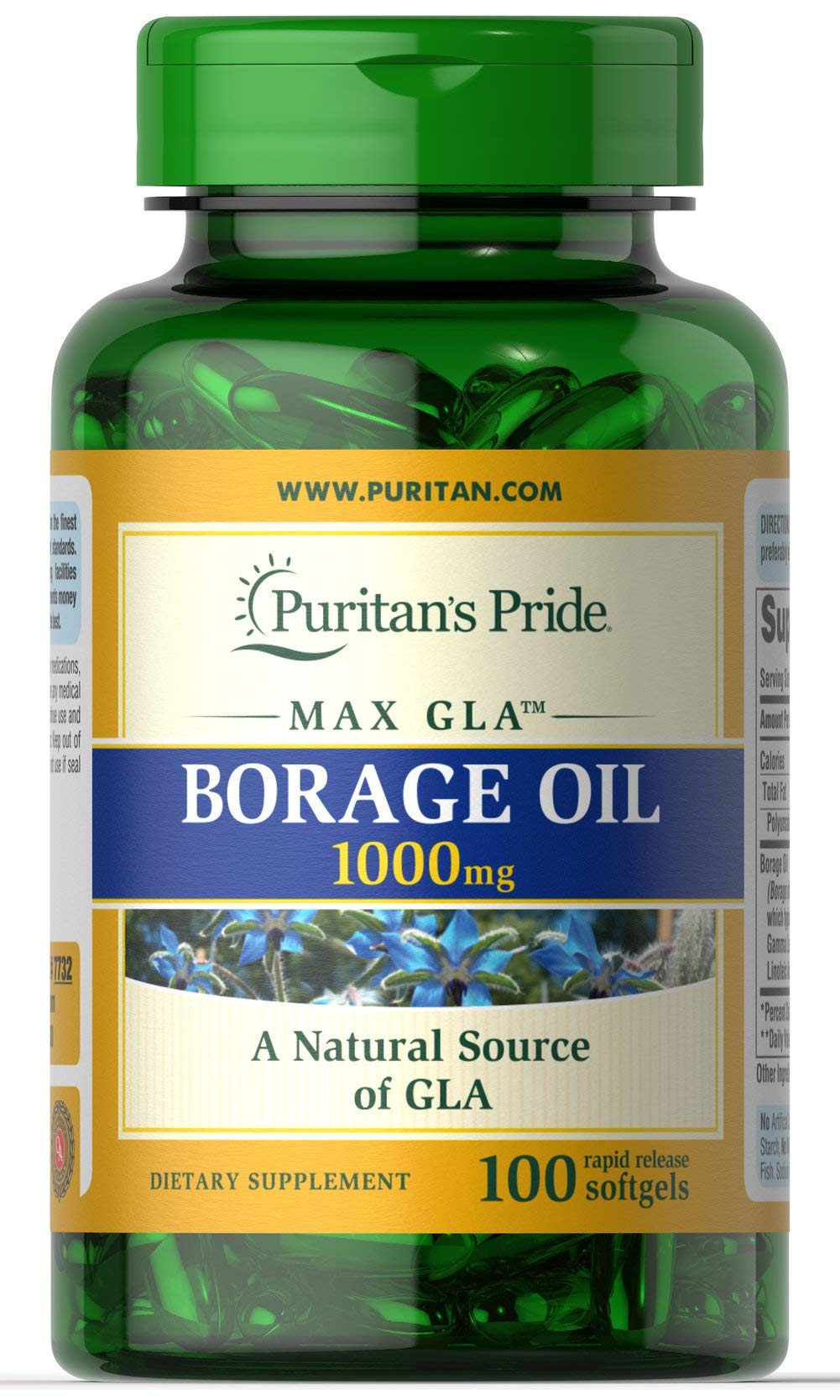 Puritan's Pride Borage Oil 1g bottle, gluten-free plant-based source of GLA for daily wellness