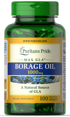 Puritan's Pride Borage Oil 1g bottle, gluten-free plant-based source of GLA for daily wellness
