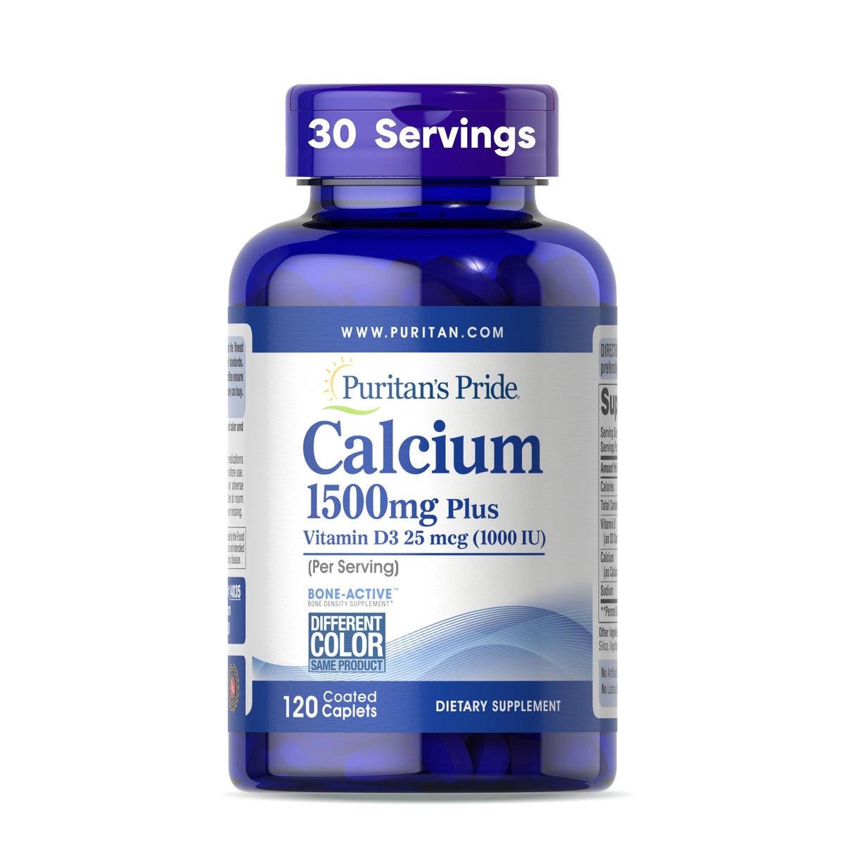Puritan's Pride calcium d3 1500mg bottle for strong bones and daily muscle support.