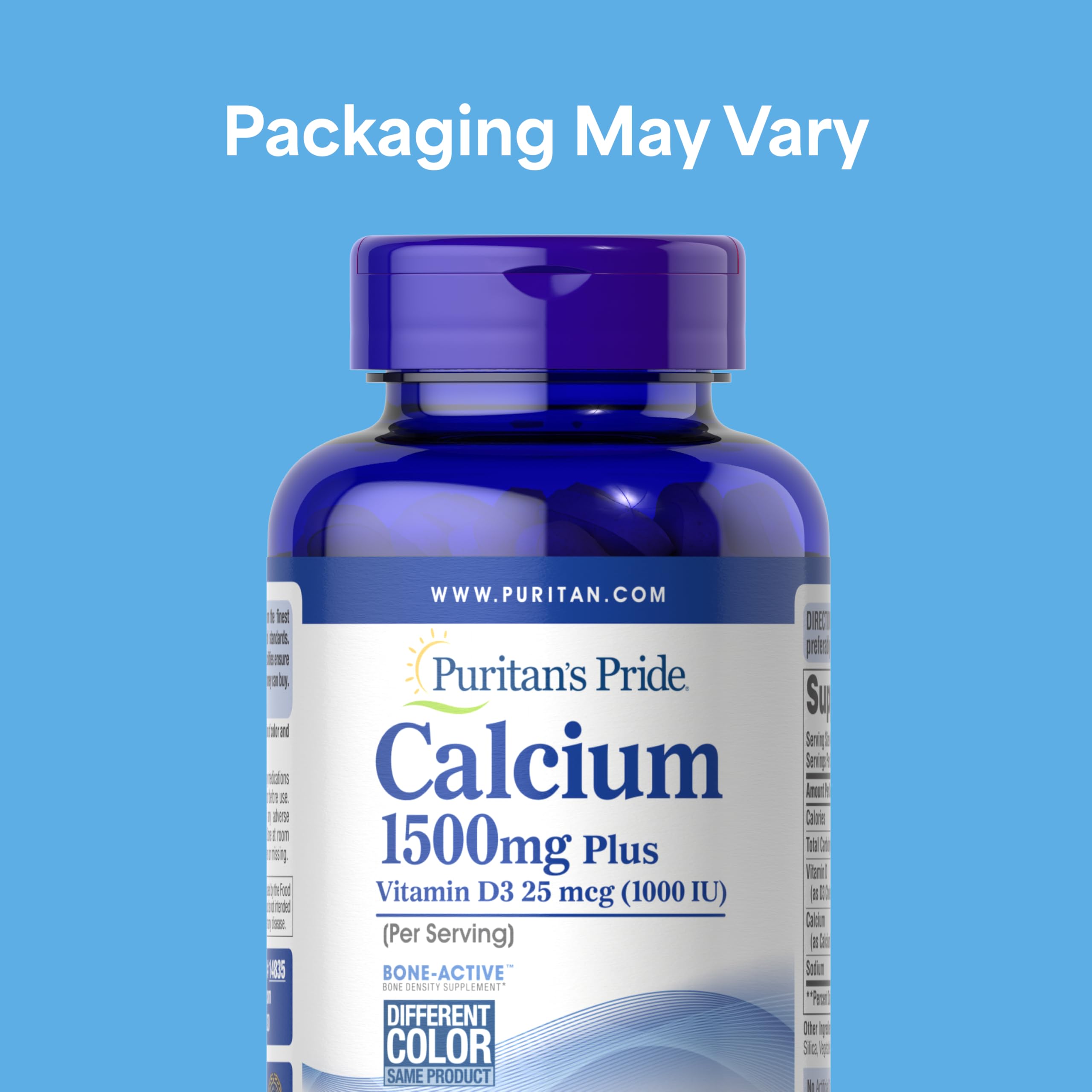 Puritan's Pride calcium d3 capsules closeup highlighting easy-to-swallow tablets.