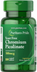 Puritan's Pride Chromium Picolinate 500mcg bottle for daily wellness support.
