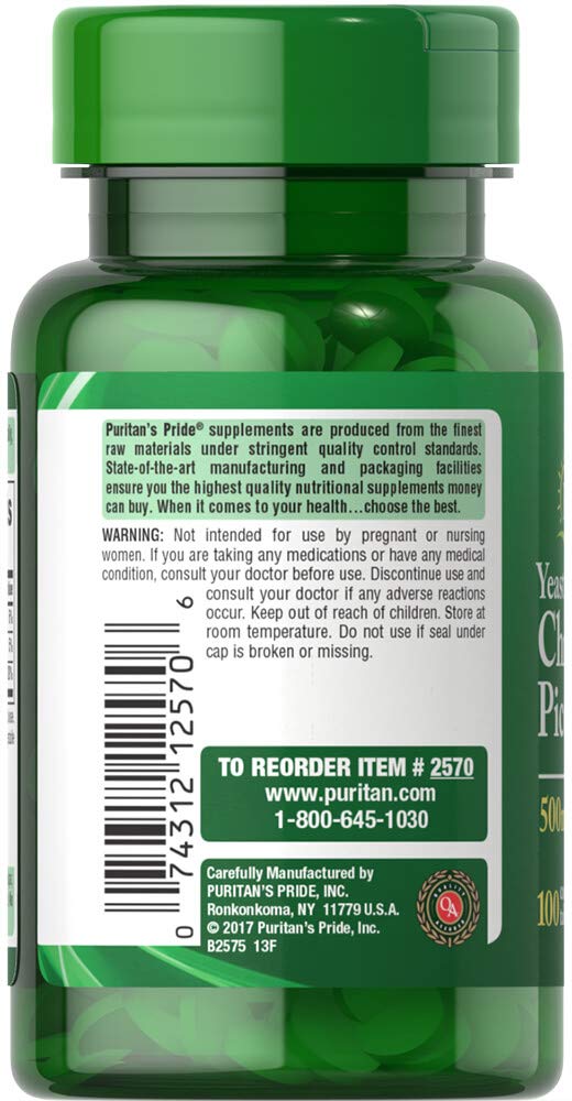 Puritan's Pride Chromium Picolinate yeast-free label with clean ingredients.