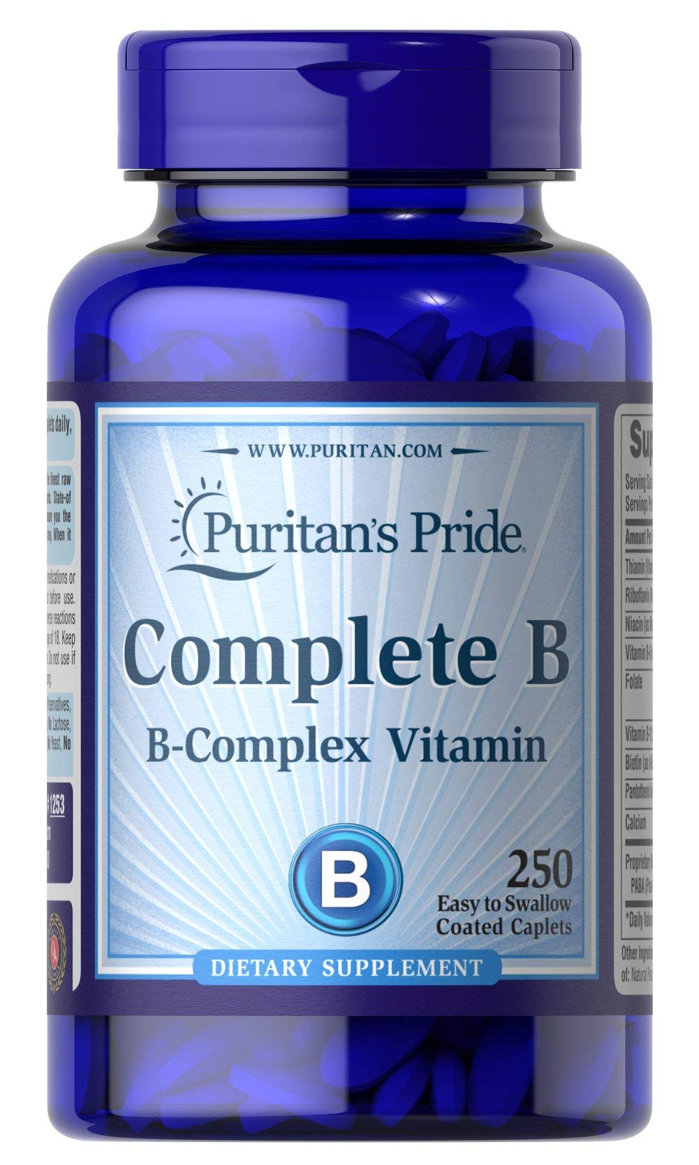 Puritan's Pride Complete B Complex caplets for energy metabolism support and vegetarian formula.
