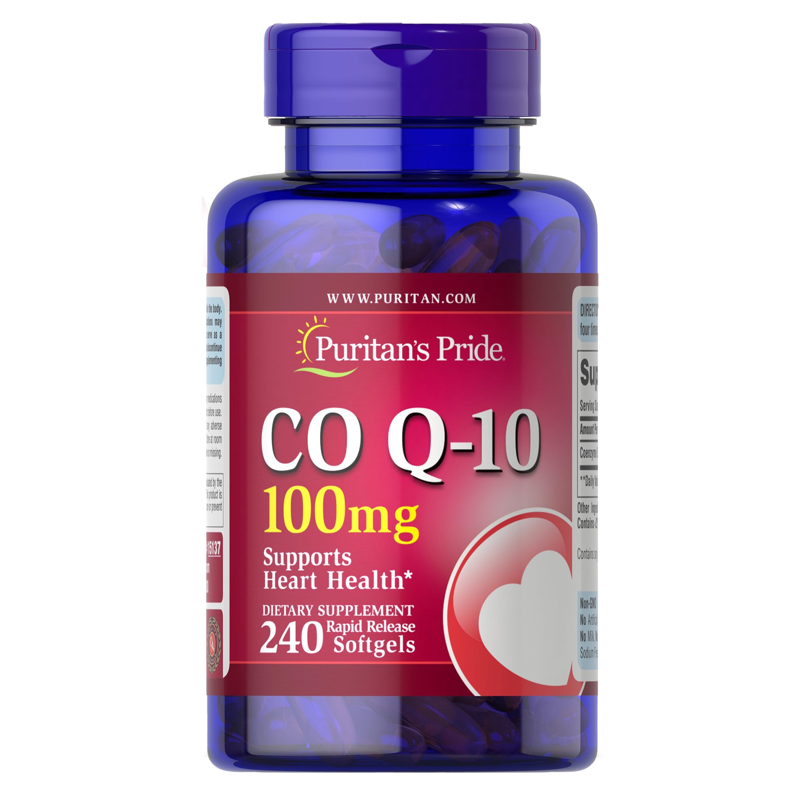 Puritan's Pride CoQ10 100mg softgels bottle view, highlighting heart health support and daily energy.