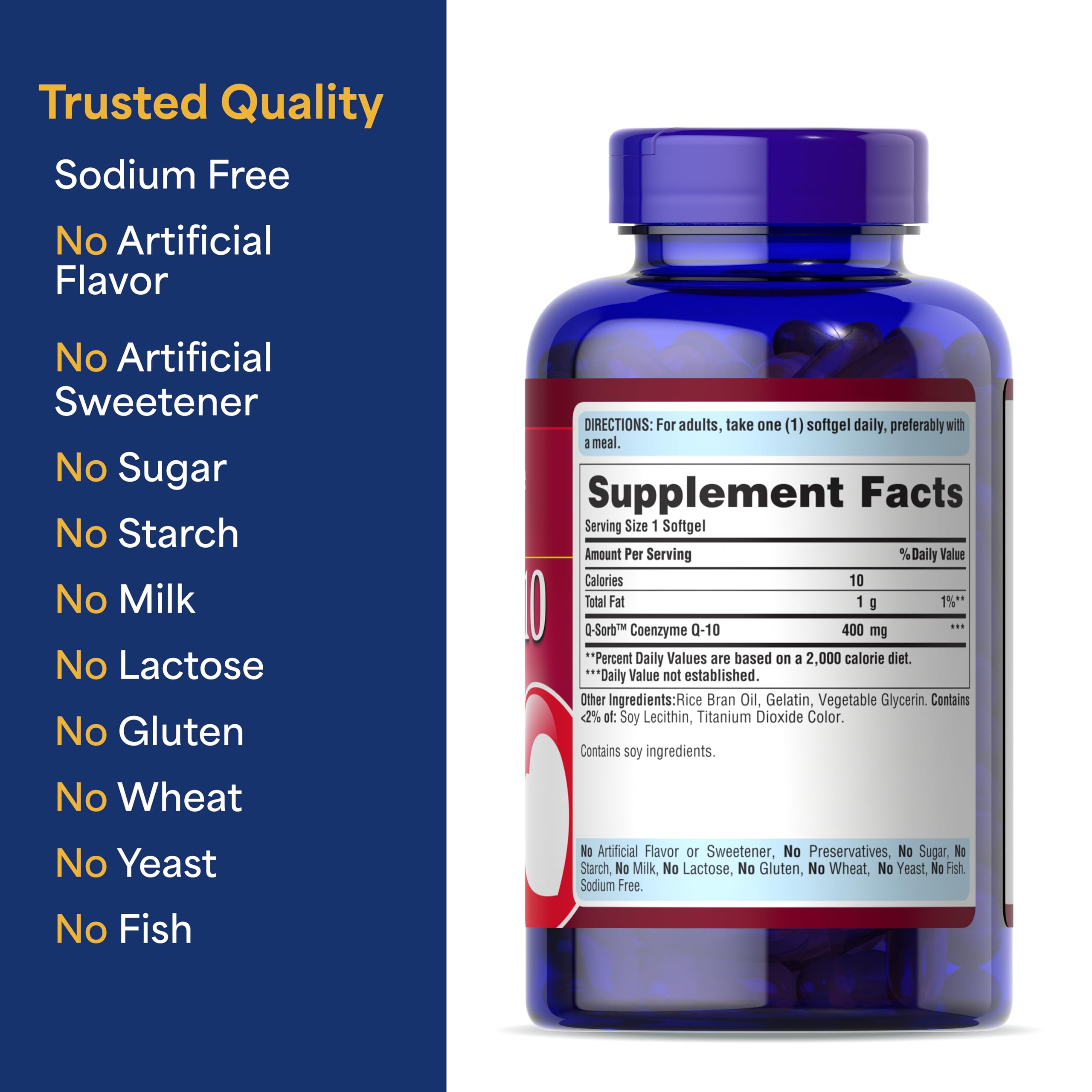Puritan's Pride CoQ10 softgels in hand suggest convenient daily supplementation.