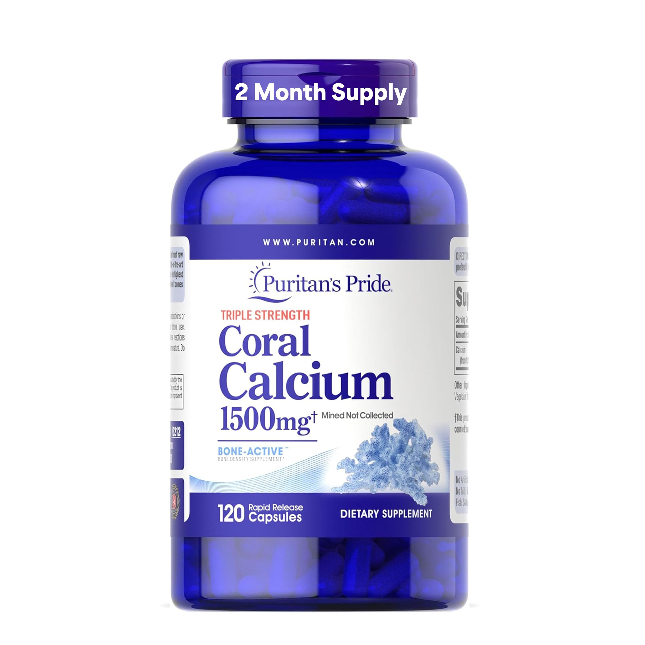 Puritan's Pride coral calcium 1500mg bottle shown for daily calcium support.