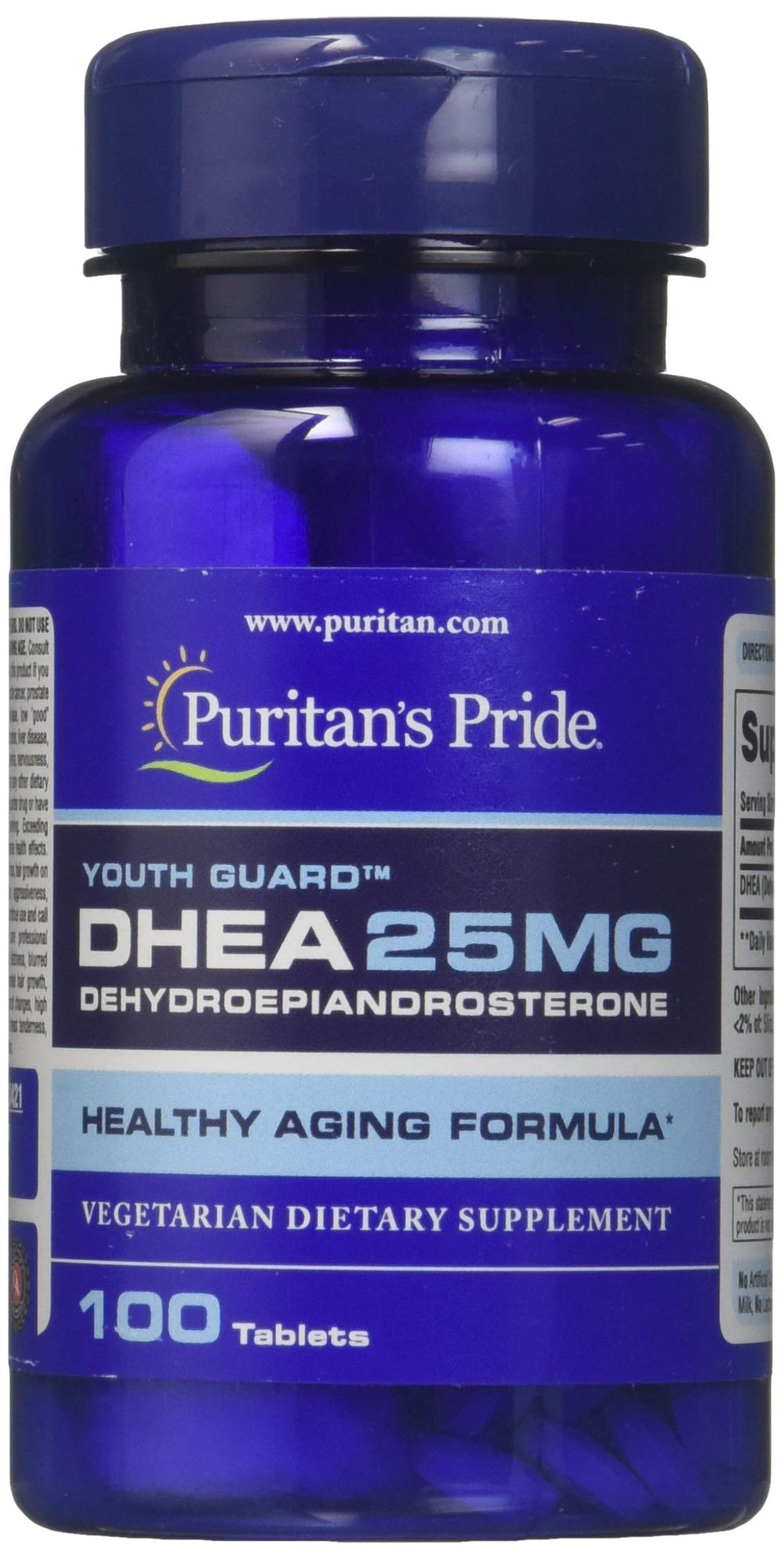 Puritan's Pride DHEA 25 mg tablets bottle shows vegetarian formula.