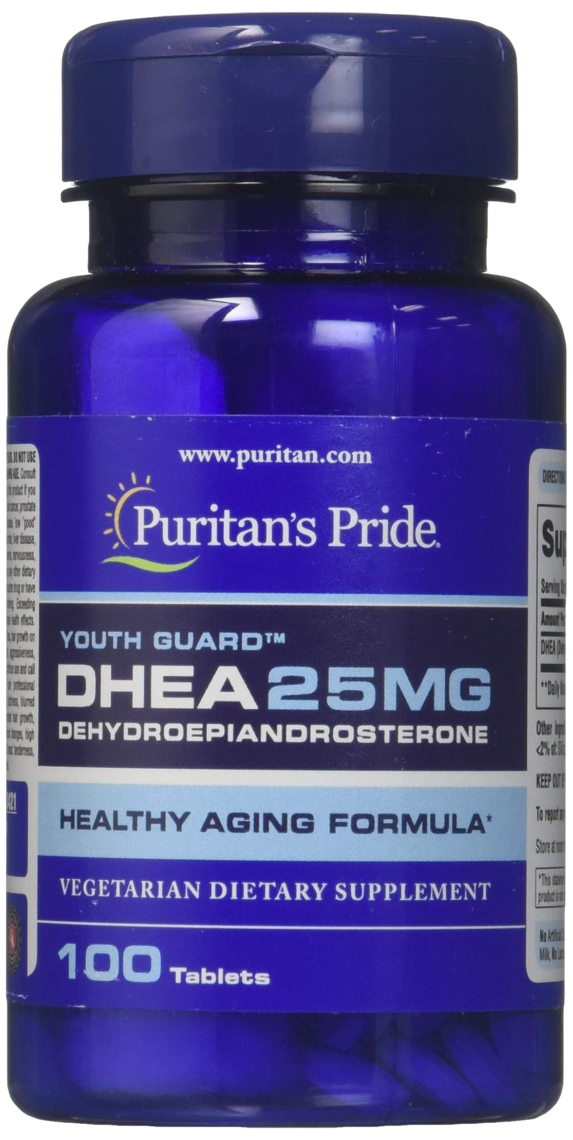 Puritan's Pride DHEA 25 mg tablets bottle shows vegetarian formula.