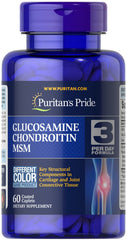 Puritan's Pride Double Strength glucosamine chondroitin msm bottle supports joint comfort.